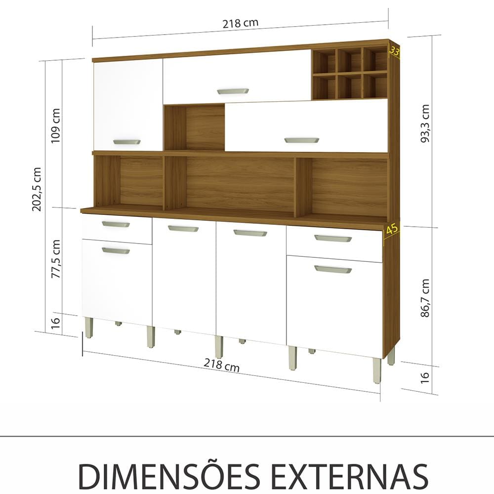 Cozinha Compacta Nesher Master 7 Portas, 2 Gavetas, 9 Prateleiras - Freijó/Branco - 218cm de largura - Freijo/Branco - 1