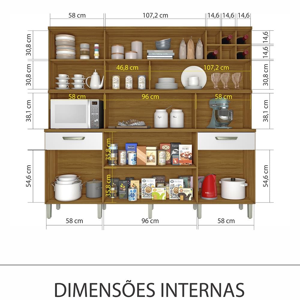 Cozinha Compacta Nesher Master 7 Portas, 2 Gavetas, 9 Prateleiras - Freijó/Branco - 218cm de largura - Freijo/Branco - 2