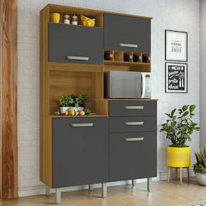 Cozinha Compacta Nesher Prática Smart Jr com 4 Portas, 2 Gavetas, 6 Prateleiras - Freijó/Branco - 120cm de largura