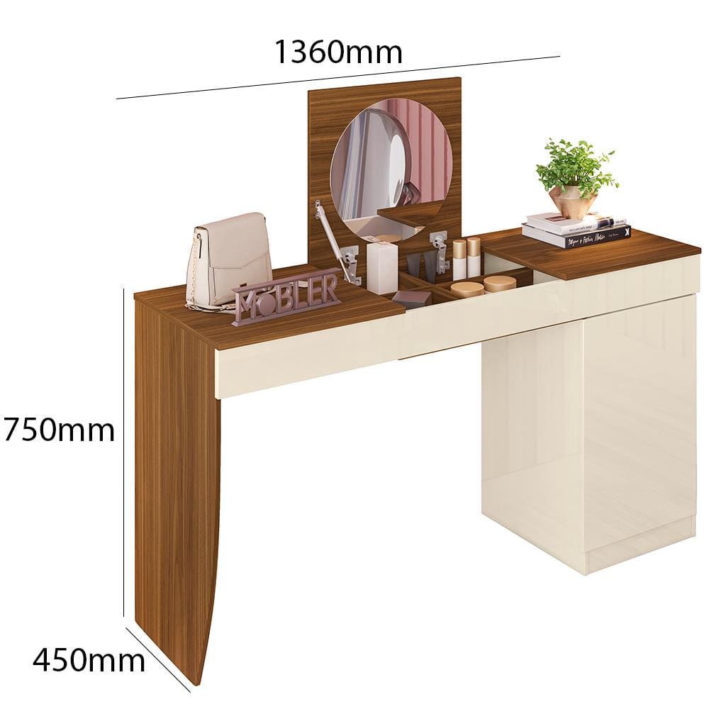 Escrivaninha Mobler Crystal com Penteadeira - Freijo/Off White - 3