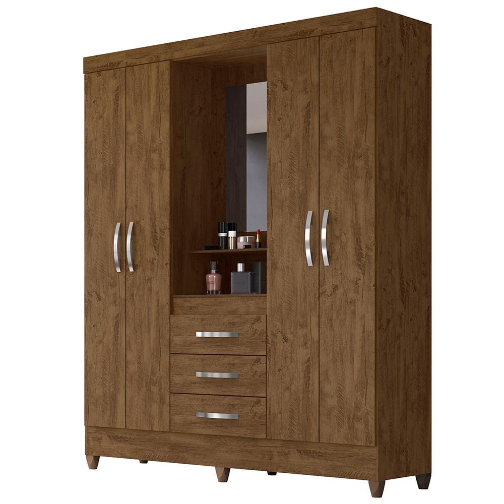 Guarda-Roupa Moval Capri com Espelho, 4 Portas e 3 Gavetas - Castanho Wood - 1