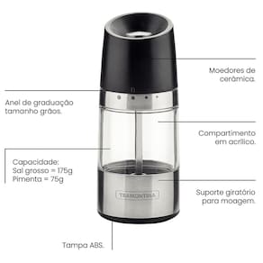 Moedor para Sal ou Pimenta Tramontina Realce em Aço Inox, Acrílico e ABS – Inox/Transparente/Preto