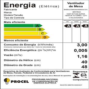 Ventilador de Mesa e Parede 40cm Britânia Super Ventus 10 Turbo BVT495PA 10 Pás 3 Velocidades Preto