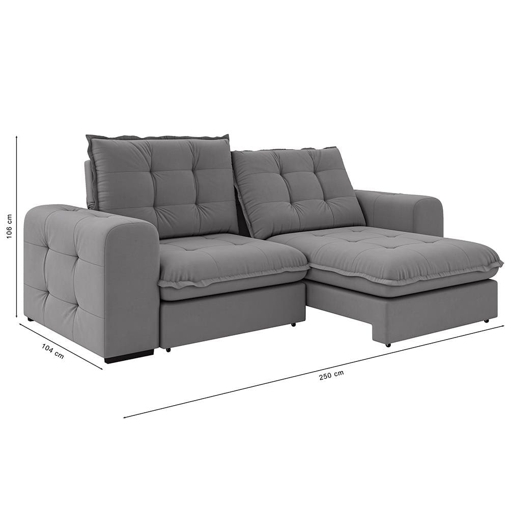 Sofá 4 Lugares Besthouse Fofão com Assento Retrátil e Encosto Reclinável em Revestimento Veludo Slim 250 cm de largura - Chumbo - 2