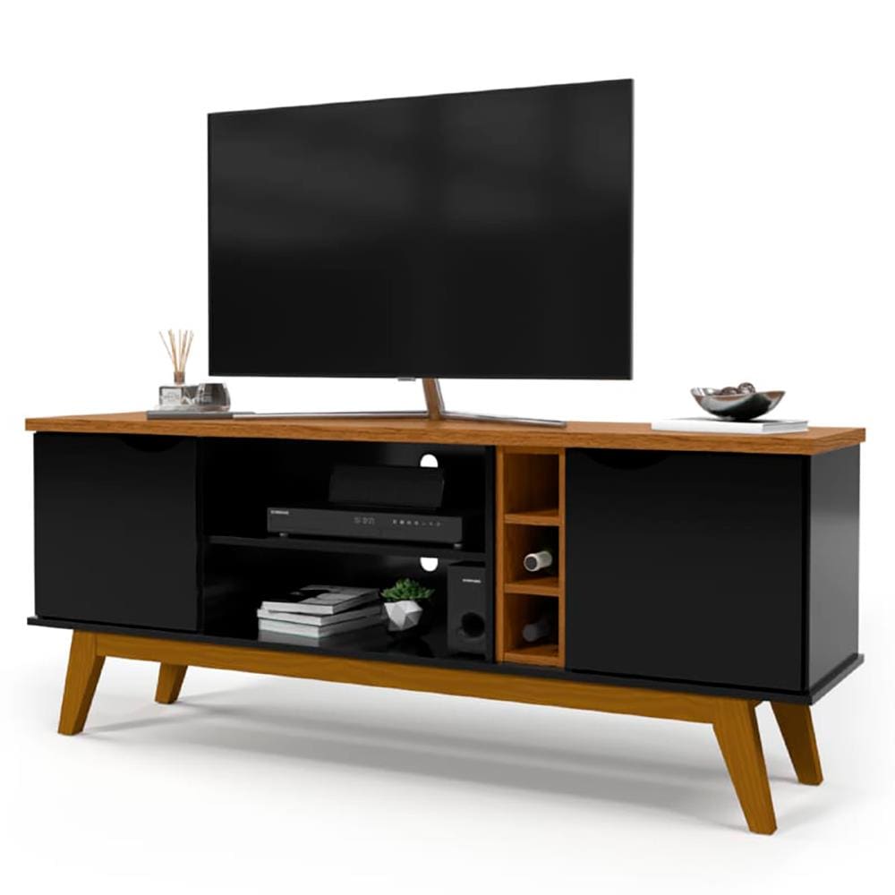 Rack Patrimar Marselha com 160 cm de Largura, Ideal para TV de até 50" - Preto/Cedro - 2