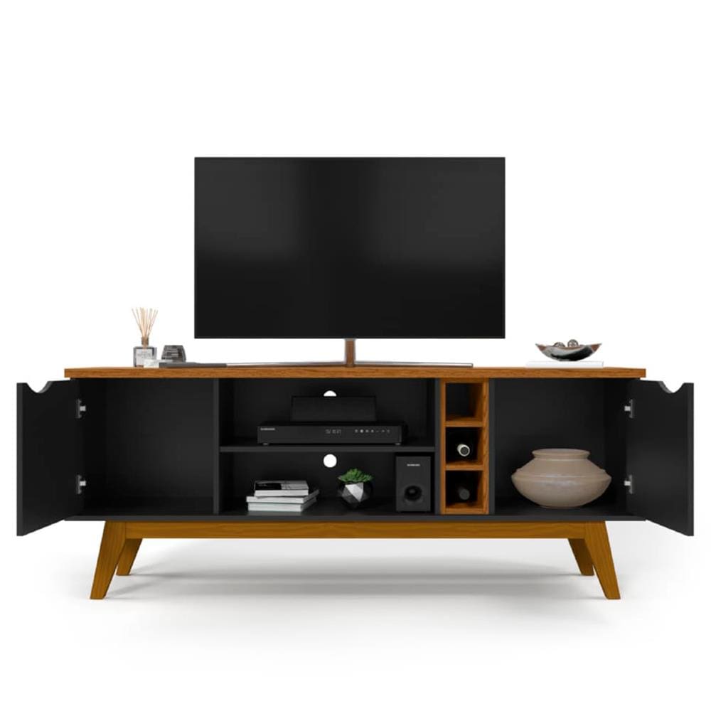 Rack Patrimar Marselha com 160 cm de Largura, Ideal para TV de até 50" - Preto/Cedro - 3