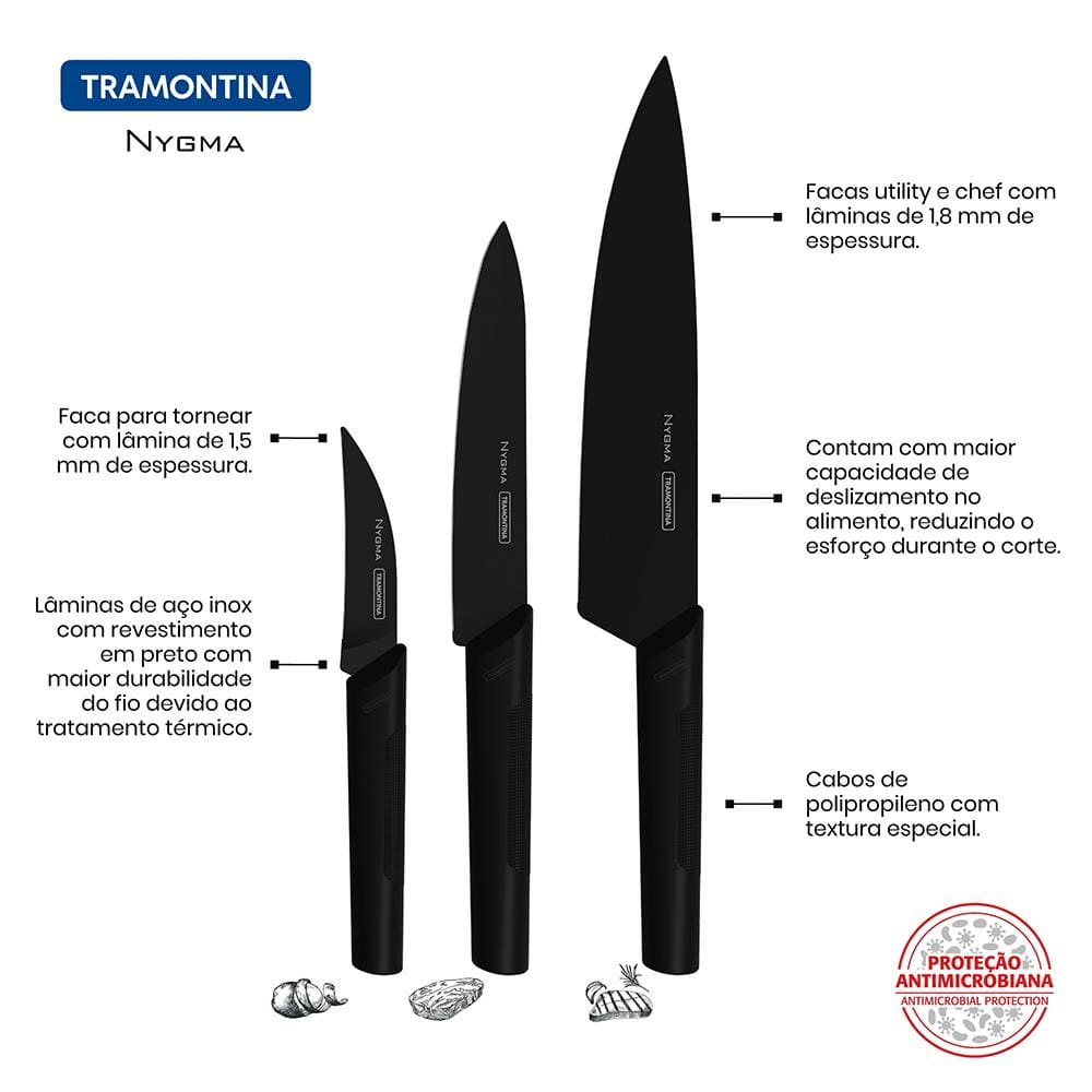 Conjunto de Facas Tramontina Nygma em Aço Inox e Polipropileno – 3 Peças - 3