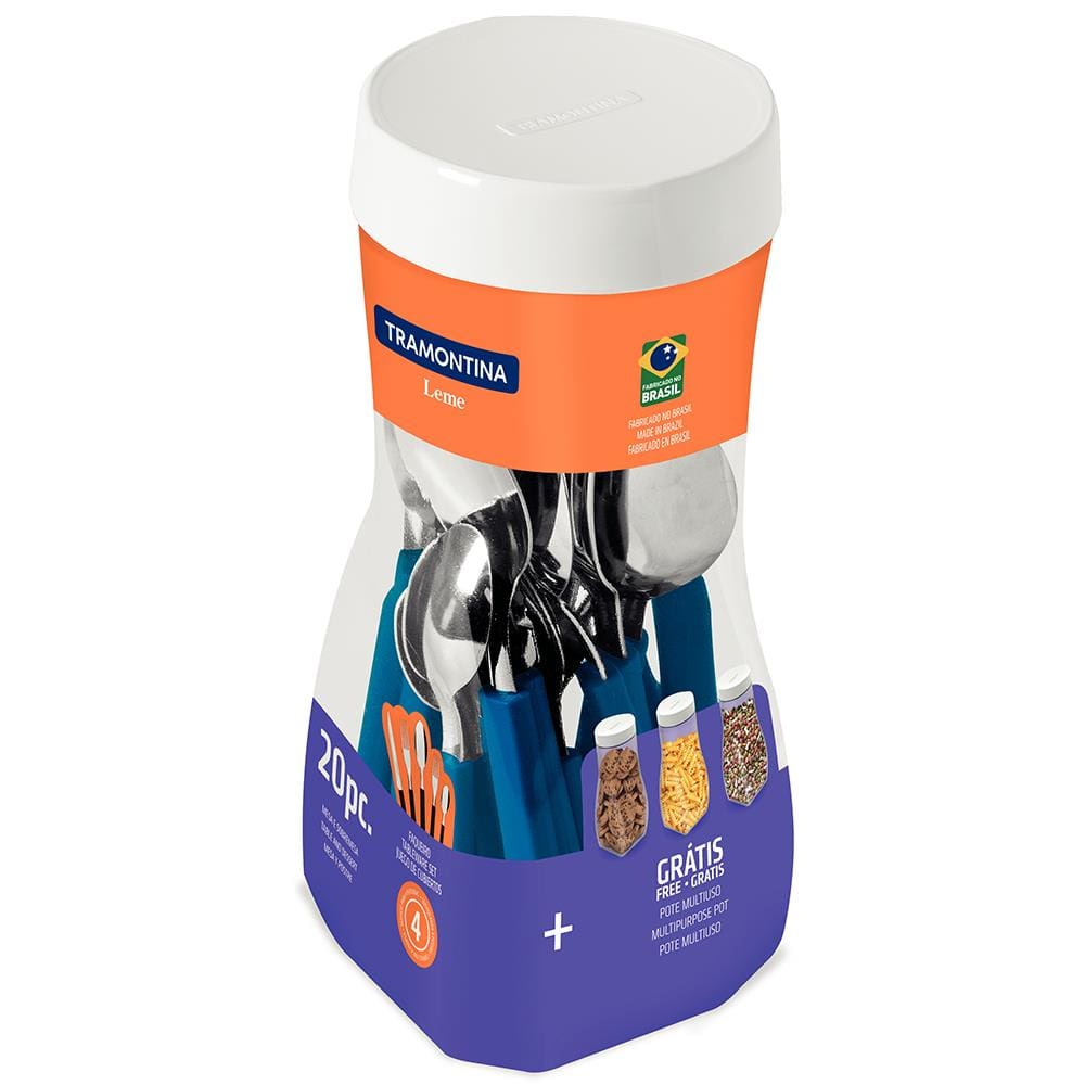 Faqueiro 20 Peças Tramontina Leme em Aço Inox e Polipropileno com Pote Multiuso – Azul - 1