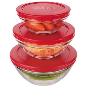 Conjunto de Potes Redondos 3 Peças Euro Home em Vidro com Tampa em Polietileno – Transparente/Vermelho