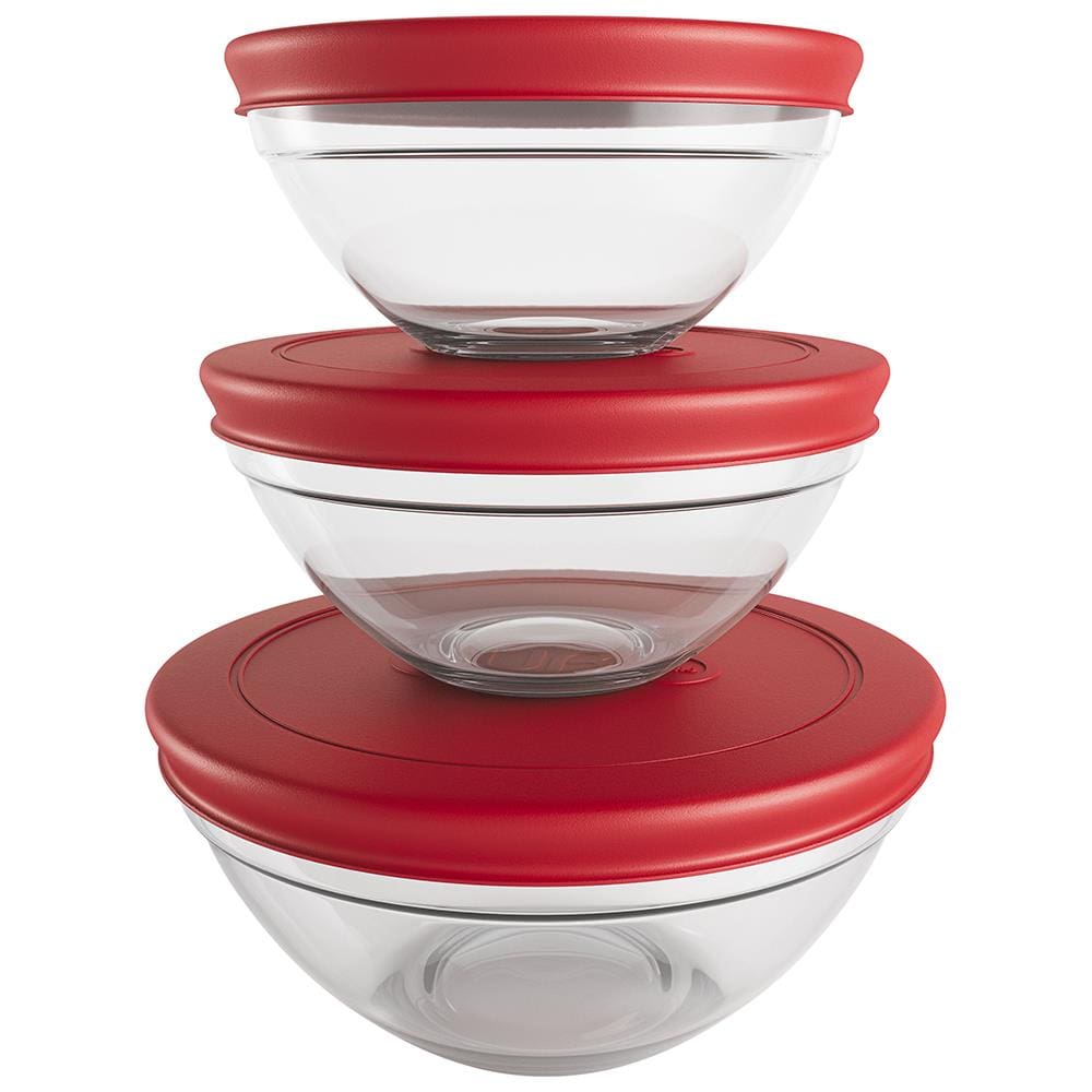 Conjunto de Potes Redondos 3 Peças Euro Home em Vidro com Tampa em Polietileno – Transparente/Vermelho - 1