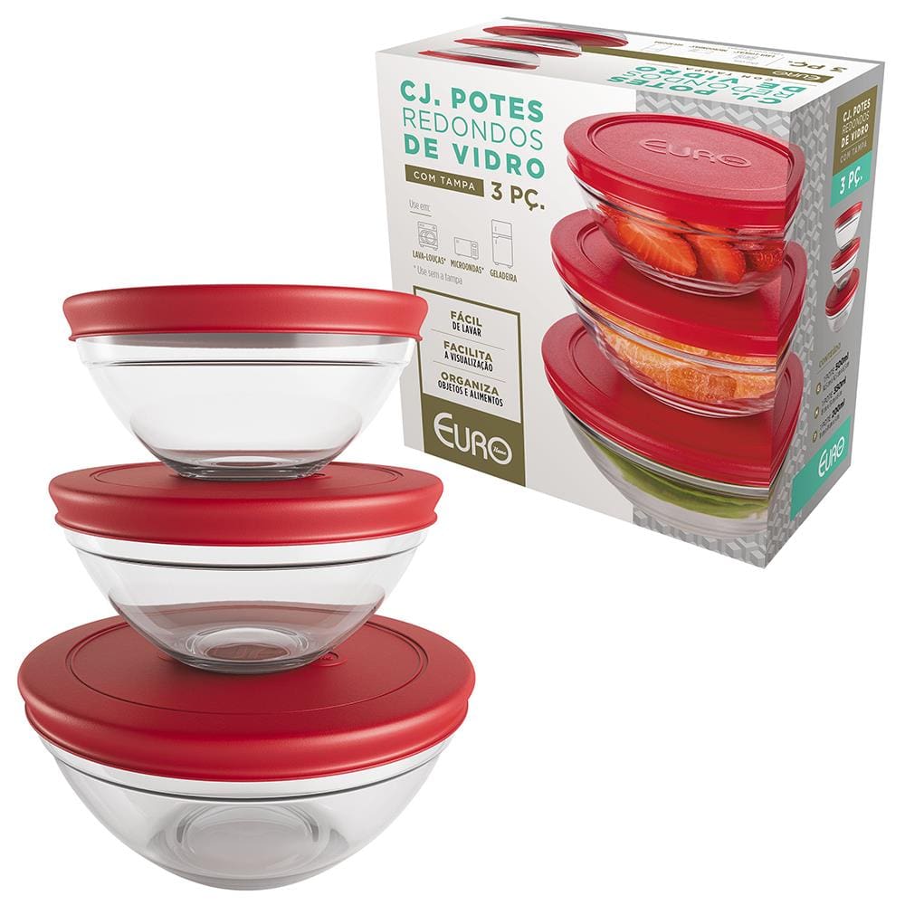 Conjunto de Potes Redondos 3 Peças Euro Home em Vidro com Tampa em Polietileno – Transparente/Vermelho - 2