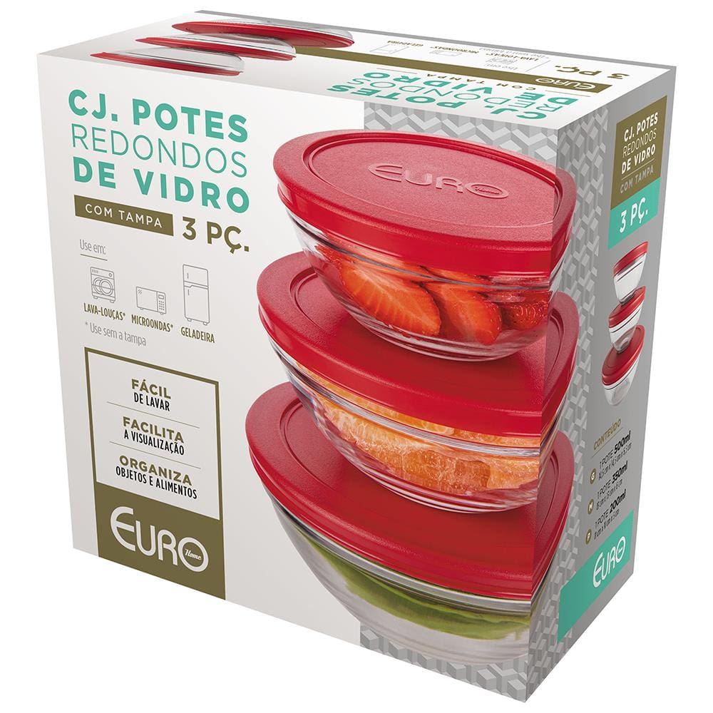 Conjunto de Potes Redondos 3 Peças Euro Home em Vidro com Tampa em Polietileno – Transparente/Vermelho - 3