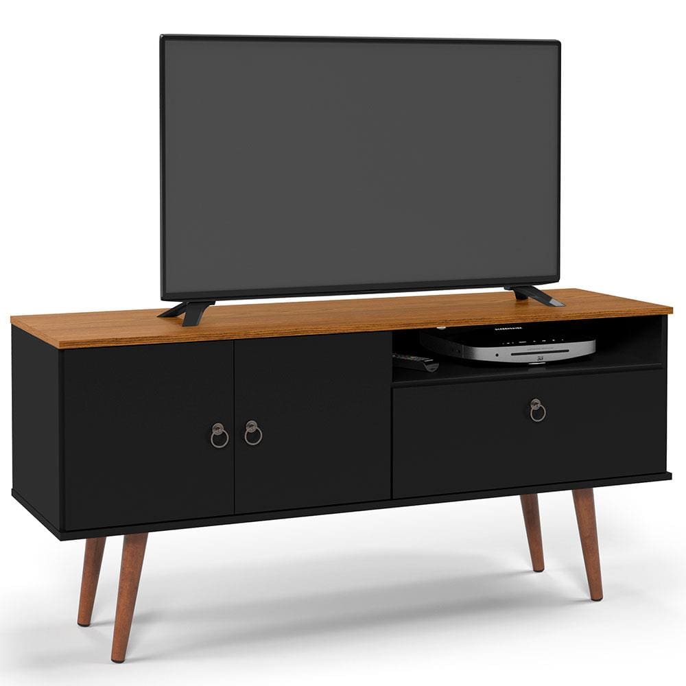 Rack Patrimar Brito com 137 cm de Largura, Ideal para TV até 46” - Preto/Cedro - 1