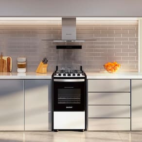Fogão Brastemp 4 Bocas BFO4NBB Clean com Mesa de Inox, 2 Prateleiras Ajustáveis e Acendimento automático Bivolt – Branco