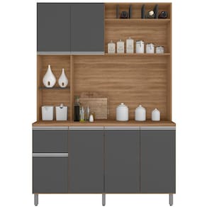 Cozinha Compacta Poliman Alice com 6 Portas, 1 Gaveta e 2 Prateleiras - 160cm de largura - Carvalho/Grafite - 1