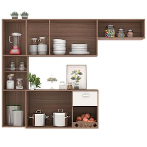 Cozinha Compacta Suspensa Poliman Mila com 7 Portas, 1 Prateleira e 1 Gaveta - 180cm de largura - Carvalho Oak/Off White. - 2