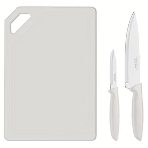 Conjunto de Facas e Tábua de Corte Tramontina Plenus em Aço Inoxidável - Off-White - 3 Peças - 1