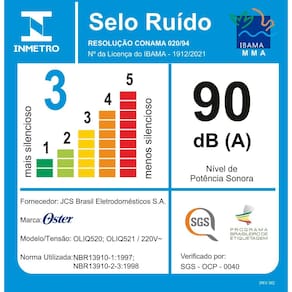 Liquidificador Oster OLIQ520 Preto com Copo de Vidro, 1250W e 10 Velocidades