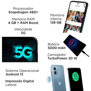 Smartphone Motorola Moto G53 5G Prata 128GB, 4GB RAM, Tela de 6.5", Câmera Traseira Dupla, Selfies de 8 MP, Android e Processador Snapdragon 480+