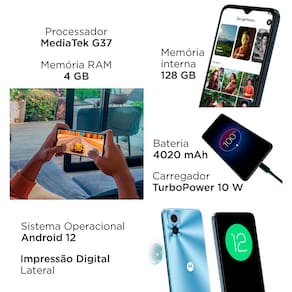 Smartphone Motorola Moto E22 Azul 128GB, 4GB RAM, Tela de 6.5", Câmera Traseira Dupla, Android 12 e Processador Octa Core