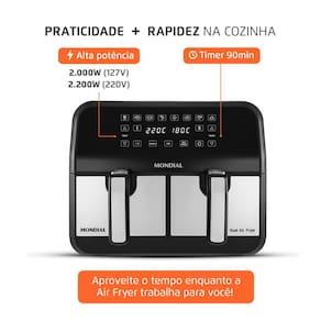 Fritadeira Elétrica Sem Óleo Air Fryer Mondial AFD-01-BI 8L Digital com Cesto Duplo– Preta/Inox