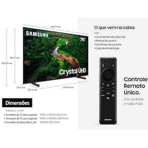 Smart TV 75" Crystal 4K Samsung CU8000 Dynamic Crystal Color, Gaming Hub, Design AirSlim, Tela sem limites, Alexa built in e Controle Remoto Único