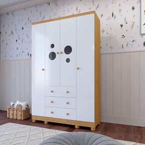 Guarda-Roupa Infantil Peroba Duda com 4 Portas, 3 Gavetas e 122,1 cm de Largura - Carvalho Semibrilho / Branco Brilho - 1