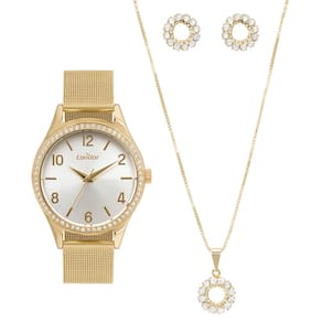 Relógio Feminino Analógico Condor Elegante COPC21JHW/K4B Dourado com Colar e Brinco