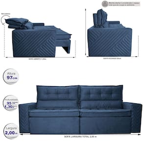 Sofá 3 Lugares Cama inBox Belém Retrátil e Reclinável Revestido em Suede Velusoft - 200cm de Largura