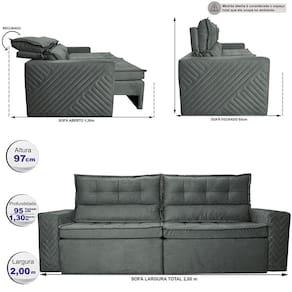 Sofá 3 Lugares Cama inBox Belém Retrátil e Reclinável Revestido em Suede Velusoft - 200cm de Largura