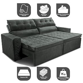 Sofá 3 Lugares Cama inBox Belém Retrátil e Reclinável Revestido em Suede Velusoft - 200cm de Largura