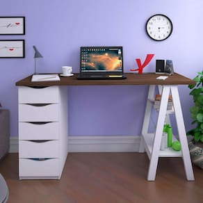 Escrivaninha Artany Spirit II com 5 Gavetas - Nogal/Branco - 1