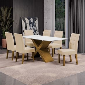 Mesa de Jantar Retangular Dobuê Dubai Light 180x90cm com 6 Cadeiras Estofadas Revestidas em Tecido Veloplus