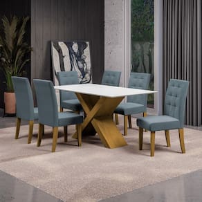 Mesa de Jantar Retangular Dobuê Dubai Light 160x90cm com 6 Cadeiras Estofadas Revestidas em Tecido Veloplus