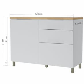 Balcão Nesher Marquesa em MDF 15mm com 1 Porta, 3 Gavetas e 1 Prateleira - 120cm de largura - Branco/Nature - 1