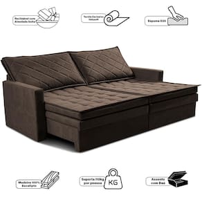 Sofá 3 Lugares Cama inBox Marselha com 180 cm de Largura, Retrátil, com Baú e Revestimento Suede Velusoft