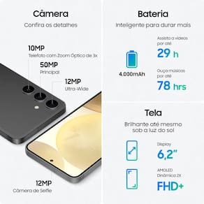 Smartphone Samsung Galaxy S24 5G Preto 256GB, Tela 6.2", 8GB RAM, Inteligência Artificial, IP68, Processador Exynos 2400, Câmera Tripla Traseira