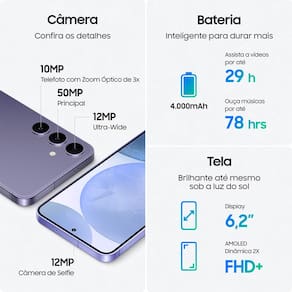 Smartphone Samsung Galaxy S24 5G Violeta 256GB, Tela 6.2", 8GB RAM, Inteligência Artificial, IP68, Processador Exynos 2400, Câmera Tripla Traseira