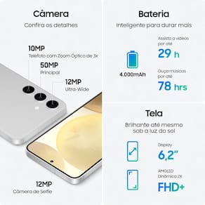 Smartphone Samsung Galaxy S24 5G Cinza 128GB, Tela 6.2”, 8GB RAM, Inteligência Artificial, IP68, Processador Exynos 2400, Câmera Tripla Traseira