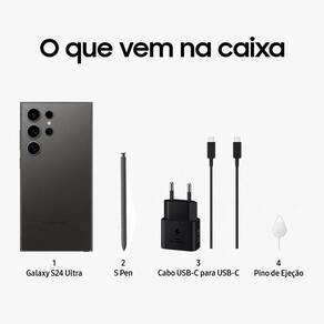 Smartphone Samsung Galaxy S24 Ultra Titânio Preto 256GB, Inteligência Artificial, Tela de 6.8", 12GB RAM, S Pen, Processador Snapdragon 8 Gen 3