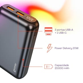 Carregador Portátil Geonav PB20K20WSG 20000 mAh com USB-A e USB-C para Celulares e Dispositivos Eletrônicos