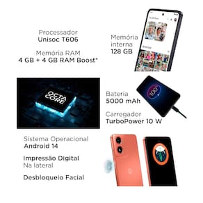 Smartphone Motorola Moto g04 Coral 128GB 8GB (4GB RAM + 4GB Ram Boost) AI Camera 16MP sensor FPS lateral