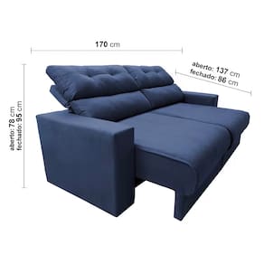 Sofá 3 lugares Cama inBox Clean com Assento Retrátil, Encosto Reclinável em Tecido Velusoft e 170cm de Largura