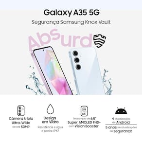 Smartphone Samsung Galaxy A35 5G Azul Claro 256GB, 8GB RAM, Câmera Tripla Traseira de até 50MP, Selfie de 13MP e Tela super AMOLED de 6.6”