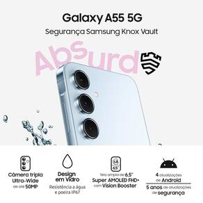 Smartphone Samsung Galaxy A55 5G 128GB, Rosa 8GB RAM, Câmera Tripla Traseira de até 50MP, Selfie de 32MP, Tela Super AMOLED 6.6"