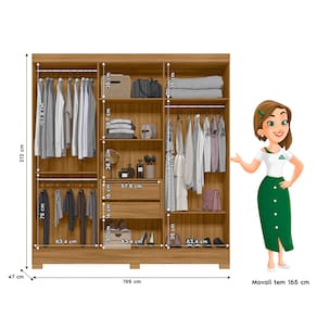 Guarda-Roupa Moval Valença com Espelho, 6 Portas, 2 Gavetas e 6 Prateleiras – 1,95cm de Largura - Freijó - 3