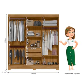 Guarda-Roupa Moval Valença com Espelho, 6 Portas, 2 Gavetas e 6 Prateleiras – 1,95cm de Largura - Freijó e Off White - 2