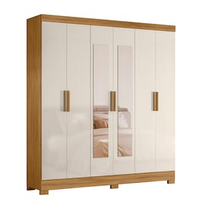 Guarda-Roupa Moval Valença com Espelho, 6 Portas, 2 Gavetas e 6 Prateleiras – 1,95cm de Largura - Freijó e Off White - 1