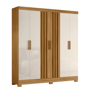 Guarda-Roupa de Casal Moval Valença com 6 portas, 2 gavetas, 6 prateleiras - 195cm de largura - Freijó e Off-white Ripado - 1