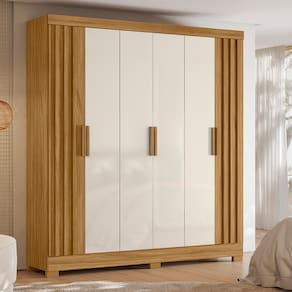 Guarda-Roupa de Casal Moval Valença com 6 portas, 2 gavetas, 6 prateleiras - 195cm de largura - Freijó e Off-white Ripado - 3